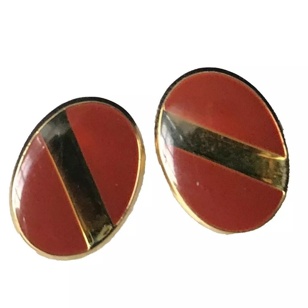Vintage Cufflinks by Stratton Brick Red enamel, Gold stripe classic Bullet Back